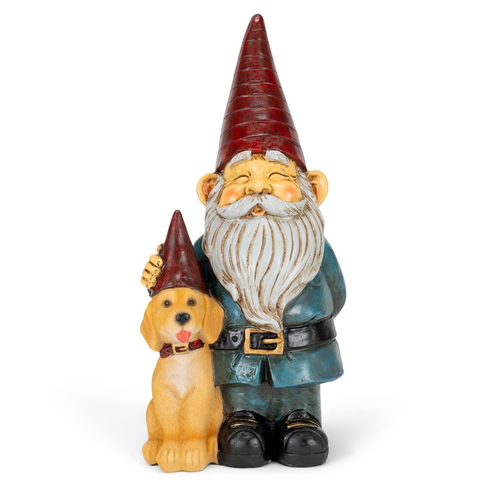 8560 Gnome 12 inch Resin Stone Garden Statue Gnome and Dog Colorful